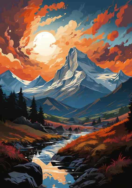 Amber Sunset Graces Mountains and River