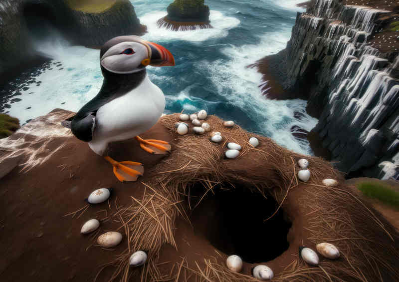 Puffin Birs gong down to its nest on the english coast