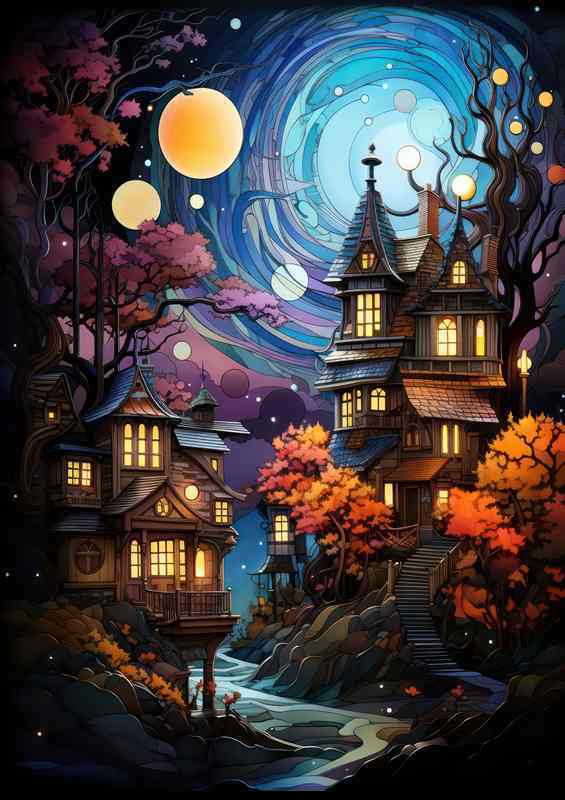 Astral Serenity Stars Shine Over Peaceful Village