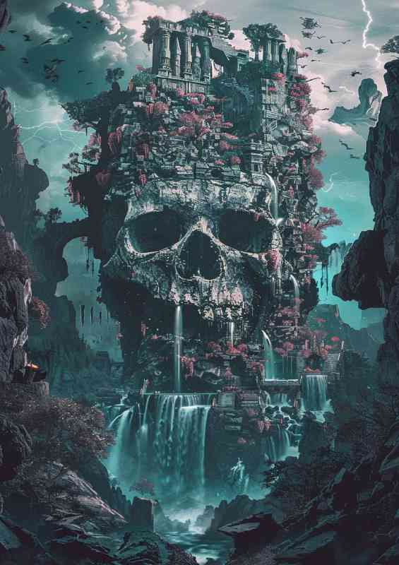 A skull made of stone with waterfalls