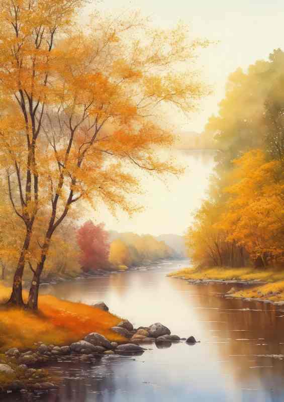 Autumn river scene with trees