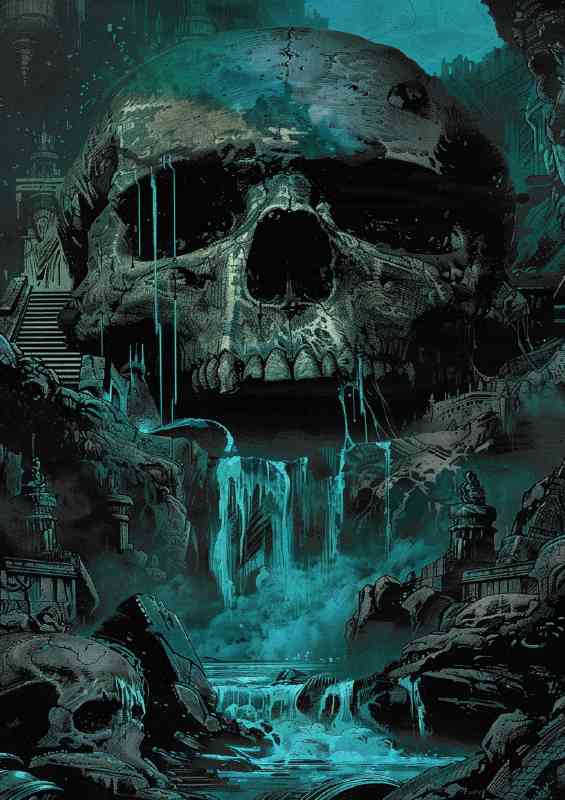 Skull with an ancient temple and waterfall