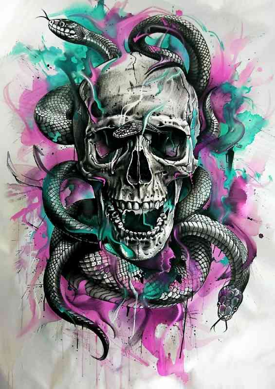 Snakes and skull with a splash of colour