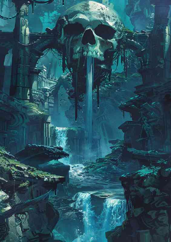 The centre skull with many waterfalls
