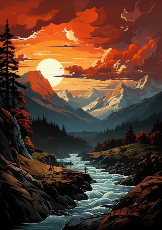 Crimson Harmony Sunset Dance on Mountain Silhouette