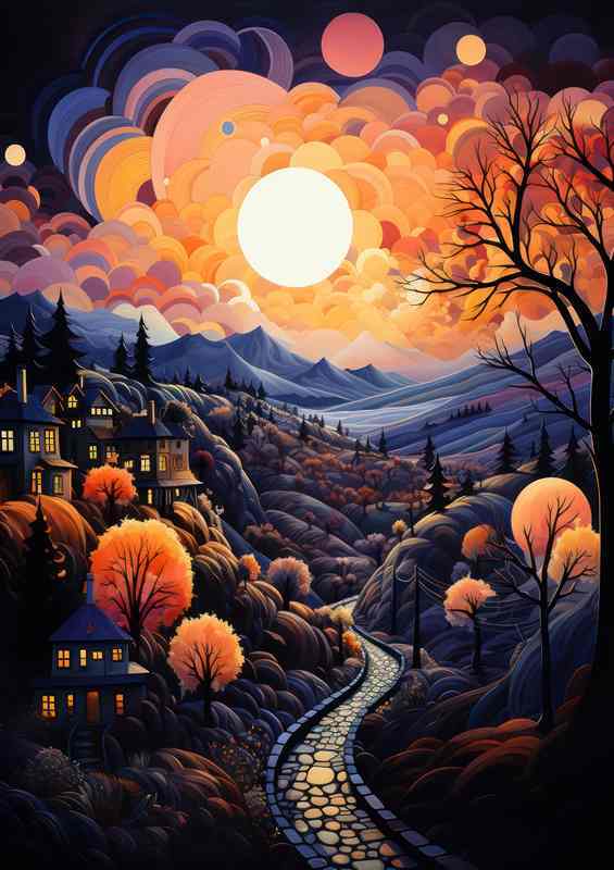 Crimson Harmony Sunset Melds with Mountains