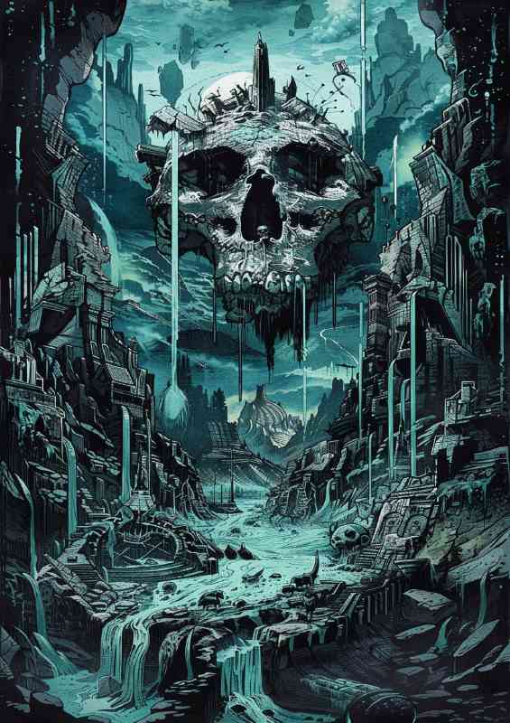 The skull standing in the centre waterfalls