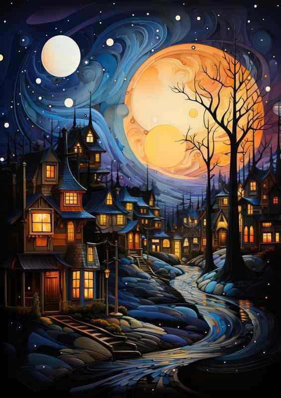 Dreamy Dusk Starry Night Over Village Roofs
