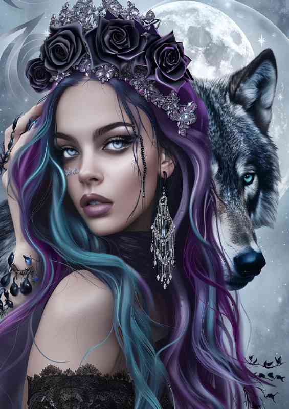 Woman with blue hair and wolf