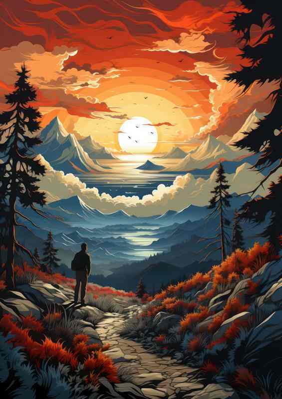 Dusk Sunset Casts Glow on Mountains and River
