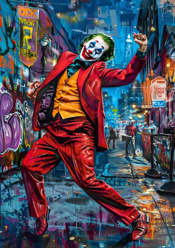 A painting style of the Joker in his iconic red suit