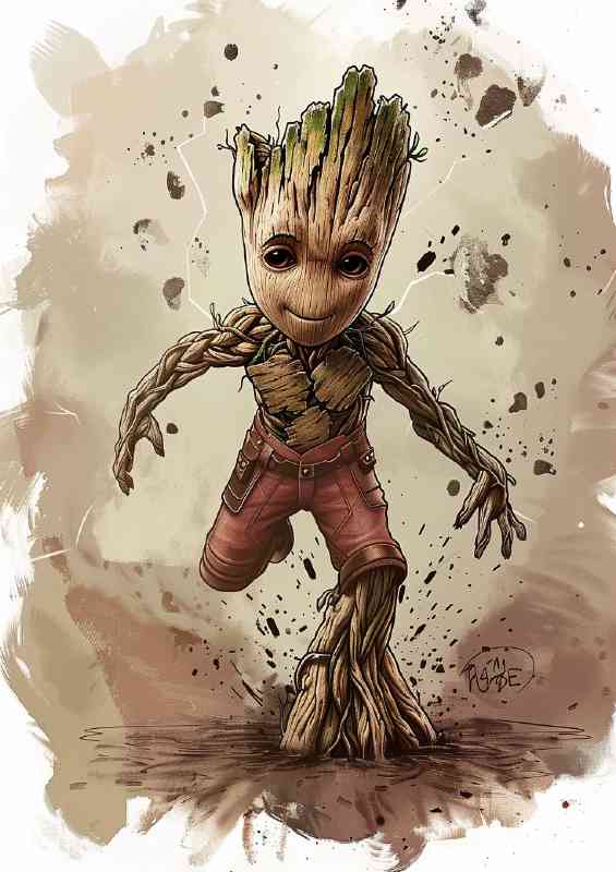 Cartoon style of groot on the run