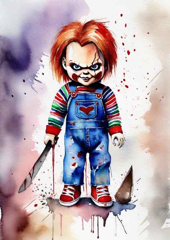 Chucky doll watercalour on the attack