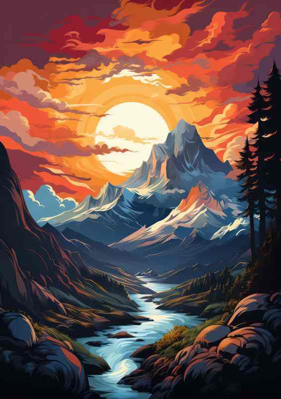 Fiery Fusion Sunset Unites Mountains and Serene River
