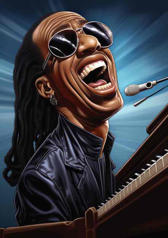 Caricature of Stevie wonder playing the piano