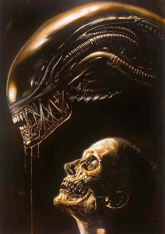 Dark fantasy painting of an alien xenomorph head