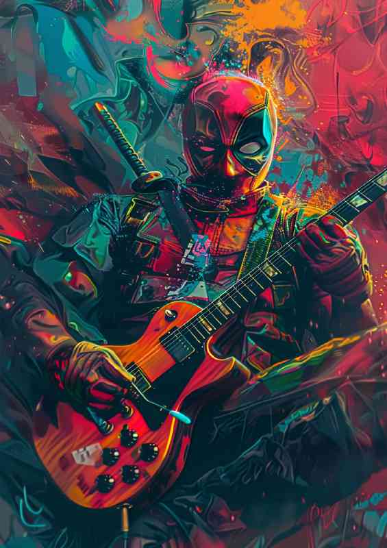 Graffiti art deadpool playing guitar