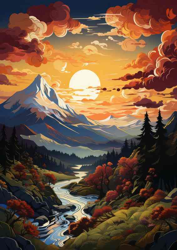 Golden Symphony Sunset Over Mountains and River