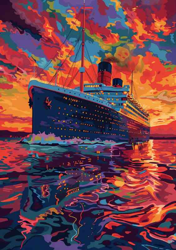 Painting of the titanic in the sunset at sea
