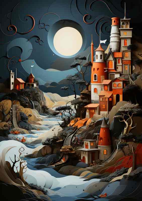 Moonlit Harmony Village by the Serene Sea