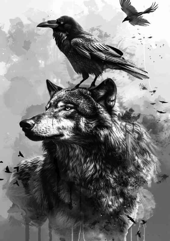 Raven perched on the back of an elegant wolf