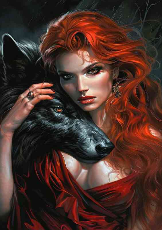 Red haired woman with her black wolk dog