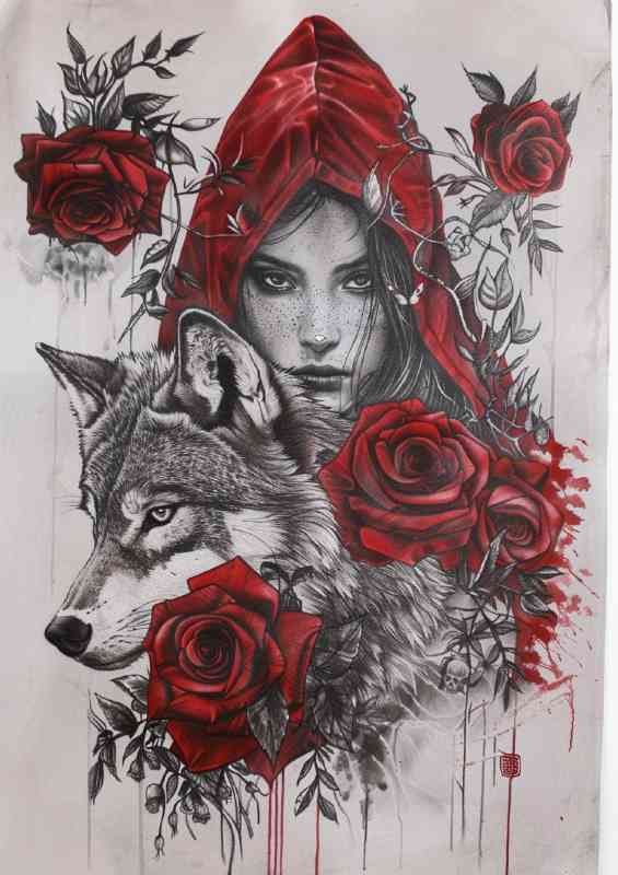 Red hooded girl with roses and the wolf