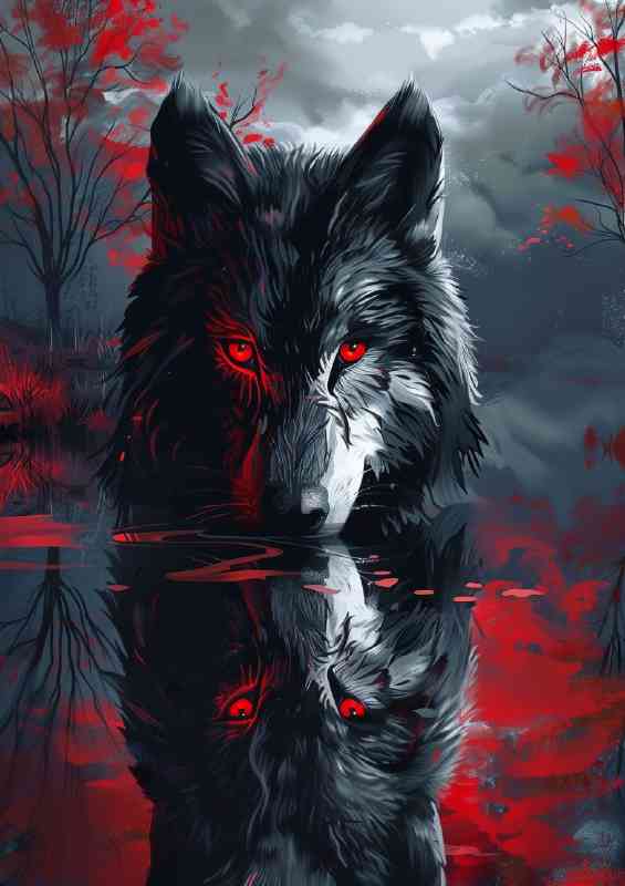 Red lake black wolf with red eyes reflection