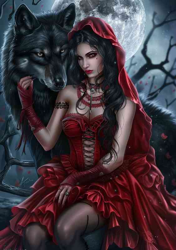 Red riding hood with her pet wolf