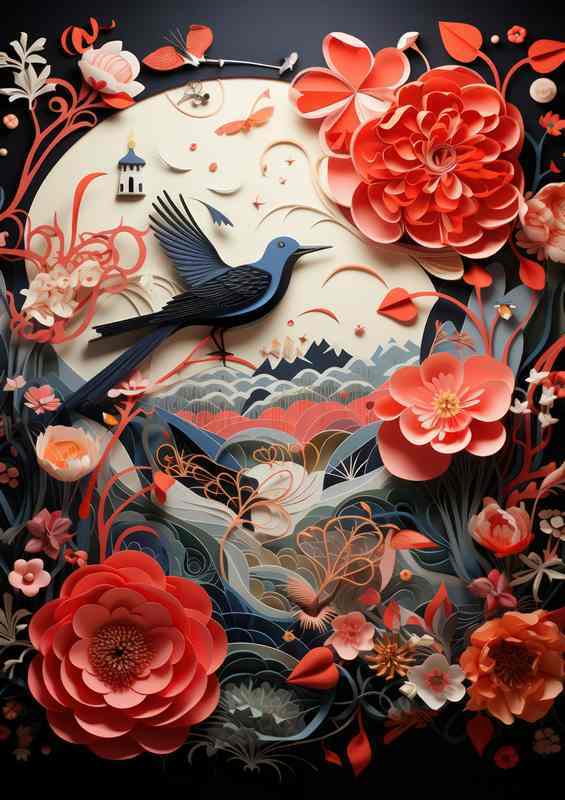 Quaint Quilling Village and Bird in Harmony