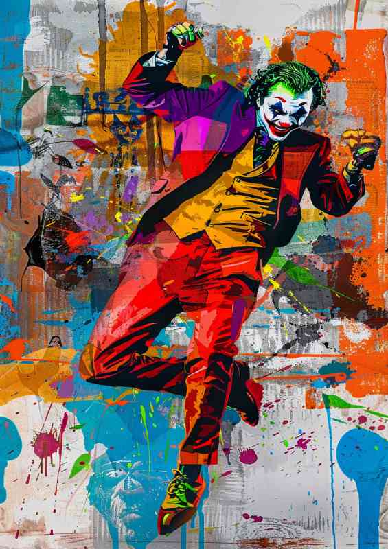 The Joker dancing in his red suit