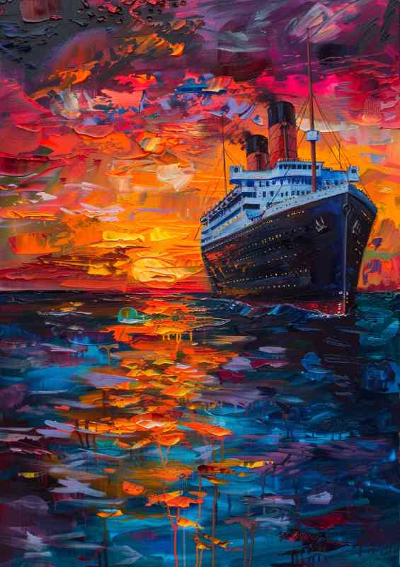Titanic cruise ship at sunset painted style
