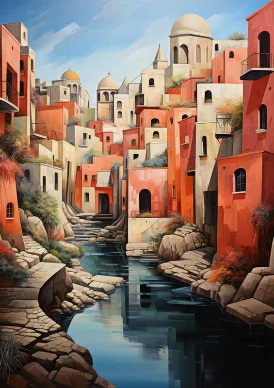 Serene Shades River Flows by Pastel Village