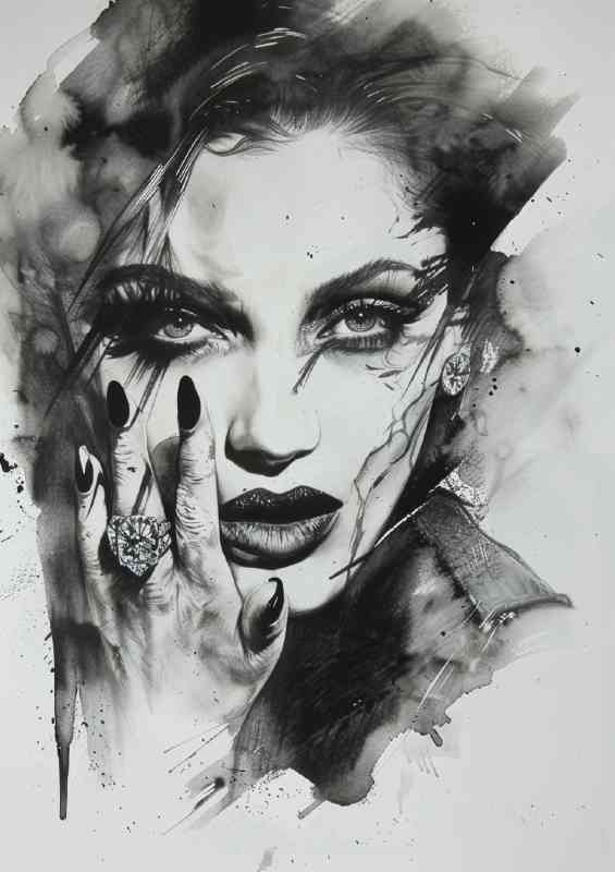 Black and white ink portrait of Madonna