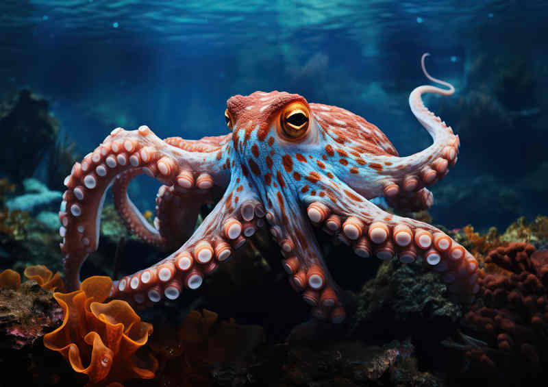 Octopus underwater on the coral ocean bed