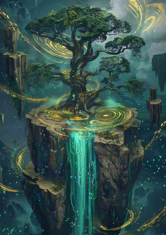 Acient tree in centre of island waterfall in blue