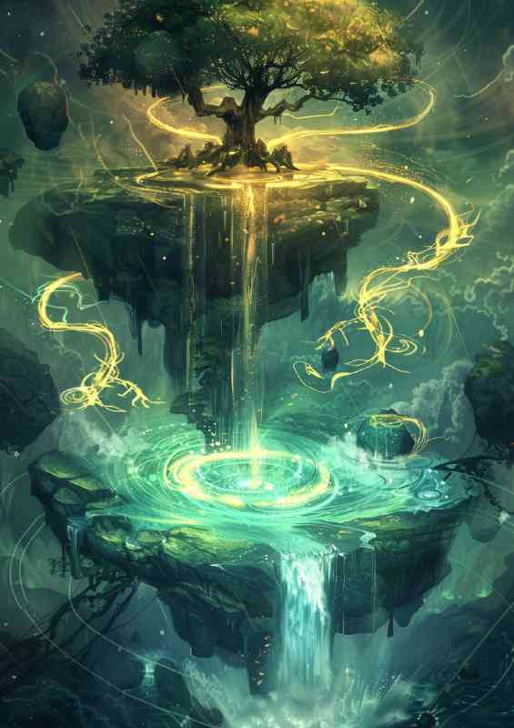 ancient tree glowing water fall island