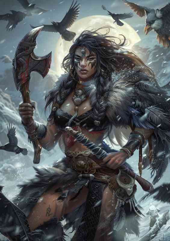 Beautiful shaman woman with wild hair wearing furs
