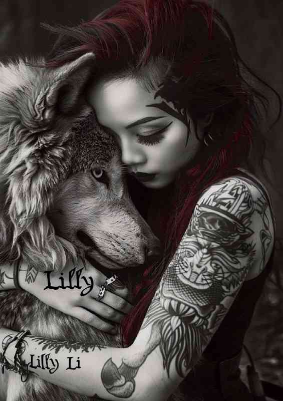 Beautiful tattoed lady with wolf