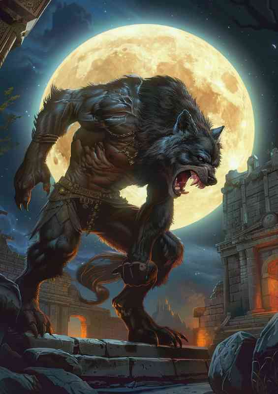 Black and grey werewolf with large fangs