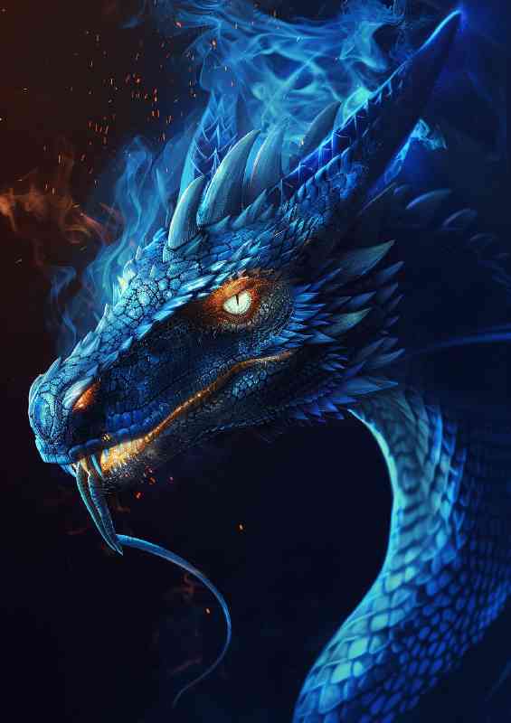 Blue Dragon with glowing scales and eyes