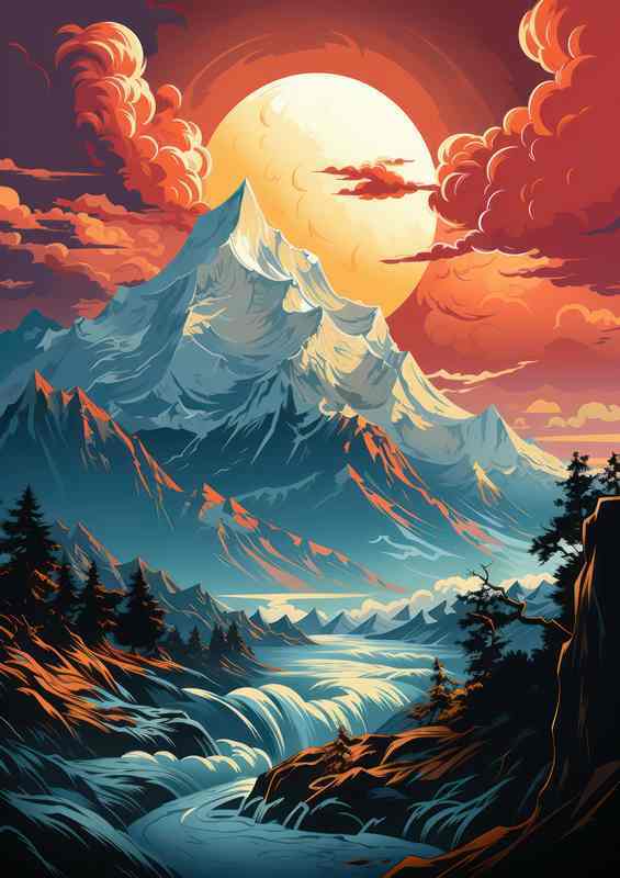 Tranquil Blaze Sunset’s Glow Over Rugged Mountains