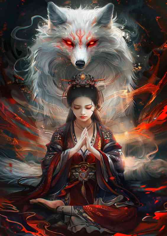 Chinese woman in ancient costume red eyes wolf