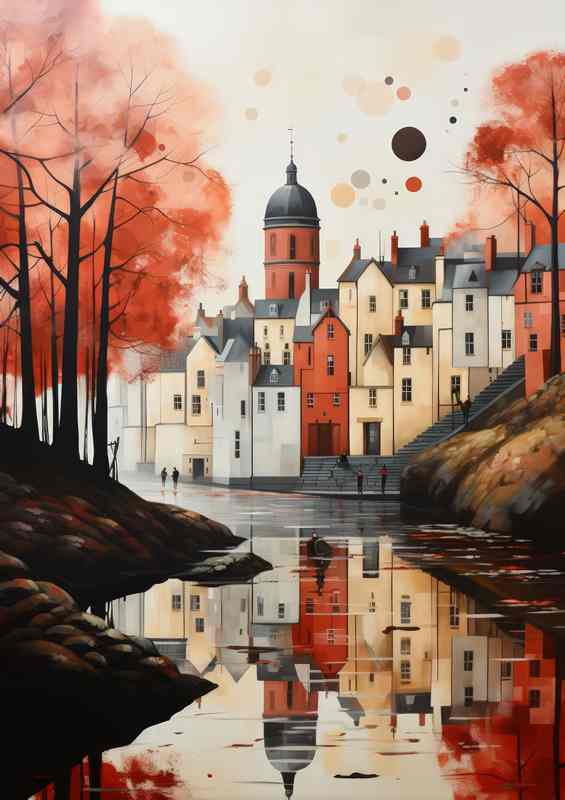 Tranquil Current River Metal Poster | Village Landscape