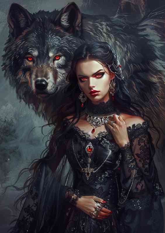 Dark haired woman with her wolf