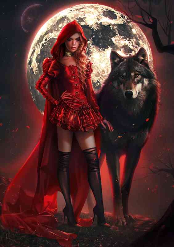 Dark red riding hood and wolf