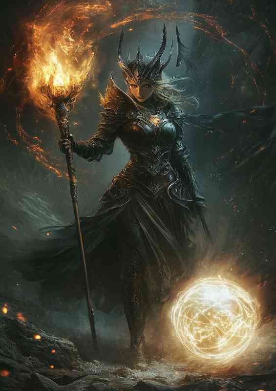 Fantasy dark lady warrior with fire