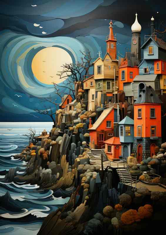 Tranquil Tides Village Rests by Night Sea