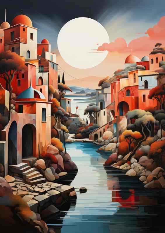 Tranquil Tones Pastel Village Alongside Gentle River