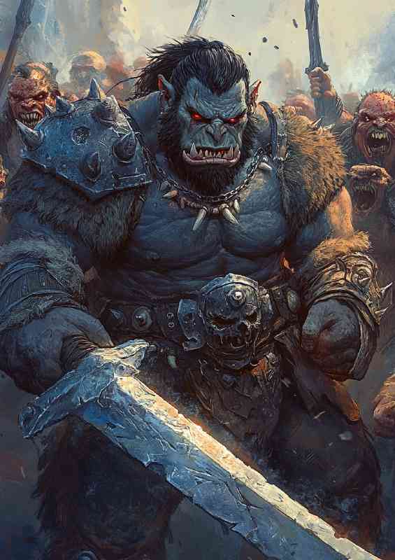 Giant fantasy ork with long sword battle